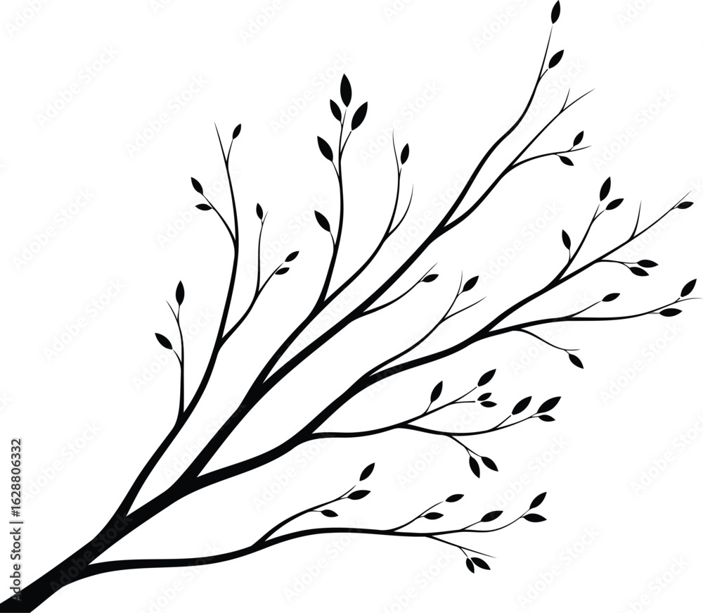 Fototapeta premium Minimalist tree branch silhouette with small leaves, black floral twig vector illustration, elegant botanical element for wedding invitation design