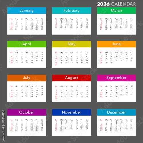 2026 calendar view. Monthly date grid. Colorful year layout. Vector time sheet. EPS 10.
