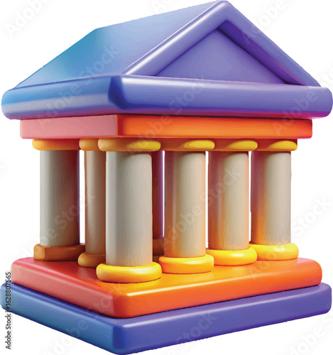 Stylized 3d illustration of a colorful bank building with columns and a pediment isolated on transparent background