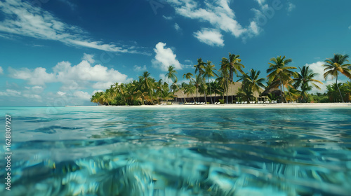 a tropical island with crystal clear water and a luxury resort in the background, palm trees waving in the breeze, empty beach foreground for text placement, cinematic travel ad, 16:9