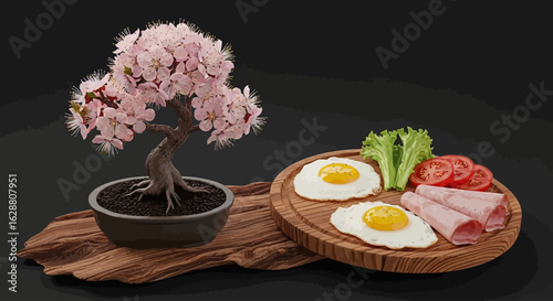 bonsai tree, a plate with fresh vegetables, egg, meat, tomatoo slices