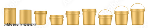 Gold buckets and tin jars. Mockup of plastic buckets with handle and lid. Small, medium and large sizes. Tin can	