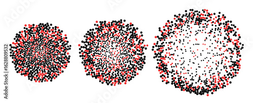 Set of expanding spherical particle clusters with red and black dots. Abstract geometric illustration. Big data and analysis concept.