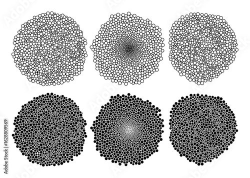 Abstract circle cluster design set in black and white. Monochrome geometric illustration.