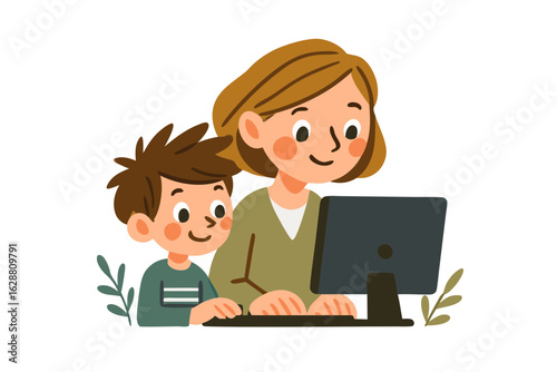 Happy mother and young son using a desktop computer together, sitting closely and smiling in a cozy setting. Concept of family learning, digital education and parental support
