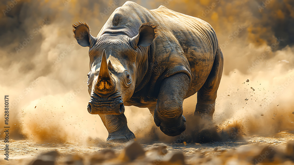 Fototapeta premium Majestic White Rhinoceros Charging Through African Savanna Dust