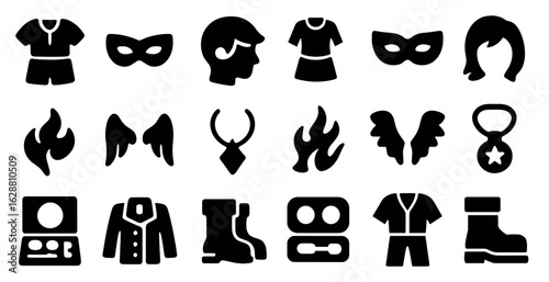 Costume party solid icons set – filled, silhouette, masquerade and dress-up symbols