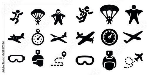 Skydiving and aviation icons set – solid, filled, adventure and flight symbols
