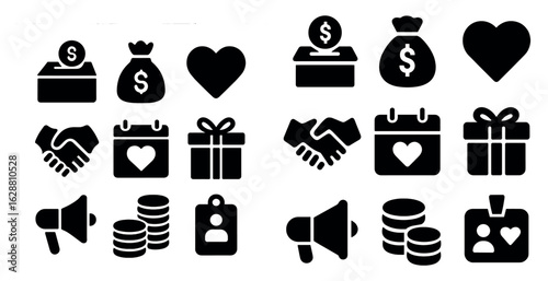 Finance and charity solid icons set – filled, donation, money and giving symbols