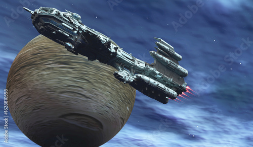 Spacecraft passes by Charon Moon - A spaceship coasts past Charon which is the largest moon of the dwarf planet Pluto.