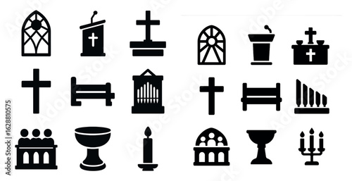 Church and worship solid icons set – religious, filled, spiritual symbols