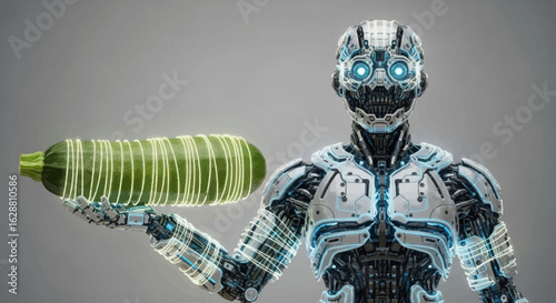 futuristic android robot with cucumber on hand 