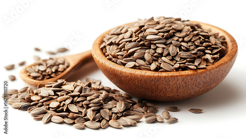 Organic Dill Seeds in Wooden Bowl and Spoon on White Background