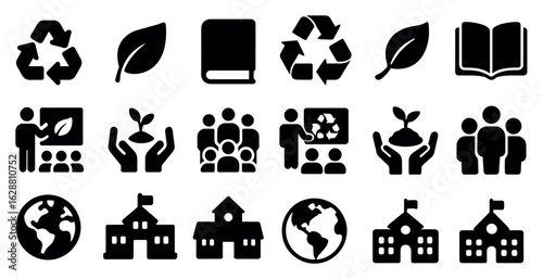 Environmental education solid icons set – recycle, earth, nature symbols
