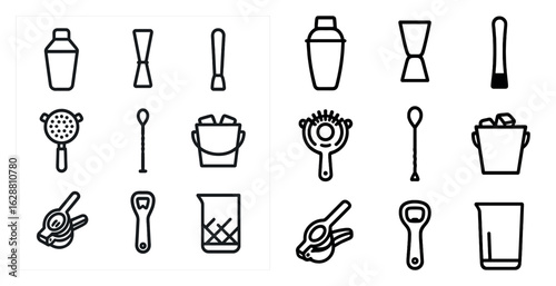 Cocktail and barware line icons set – outline, silhouette, mixology tools symbols