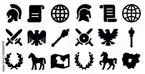 Ancient rome silhouette icons set – gladiator, empire, historical symbols collection