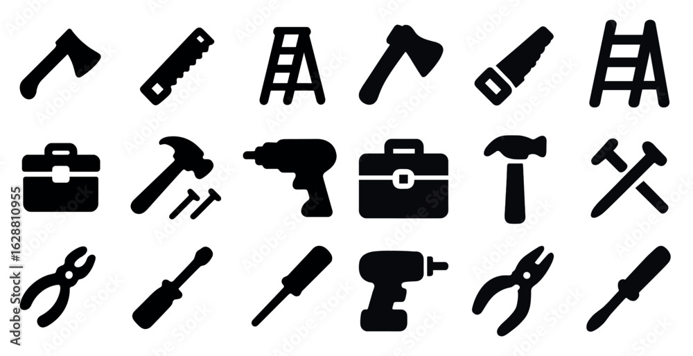 Obraz premium Construction tools flat icons set – solid, filled, tool and equipment symbols