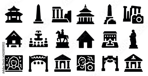 Architecture solid icons set – silhouette, filled, historical and landmark symbols