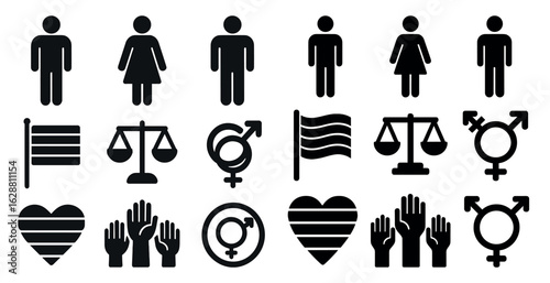 Gender and equality silhouette icons set – solid, filled, diversity symbols
