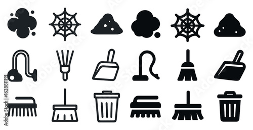 Cleaning tools solid icons set – flat, filled, household and sanitation symbols