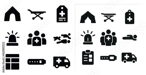 Emergency response solid icons set – filled, rescue, medical aid symbols