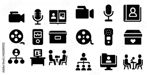 Media and communication filled icons set – solid, silhouette, multimedia symbols