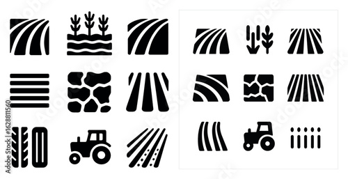 Agriculture solid icons set – farming, harvest, farm equipment symbols collection