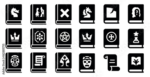 Fantasy role-playing solid icons set – silhouette, magic, adventure game graphics