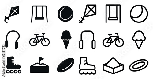 Children's playground outline icons set – fun, solid, playtime symbols for kids