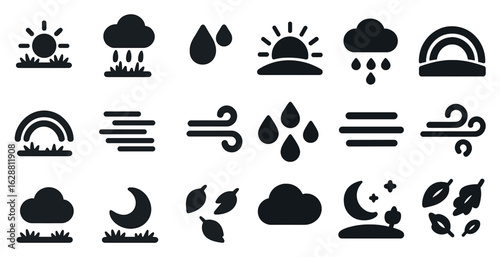 Weather and nature solid icons set – filled, climate, atmospheric symbols
