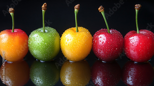Vibrant Row of Rainier Cherries in Primary Colors with Water Droplets