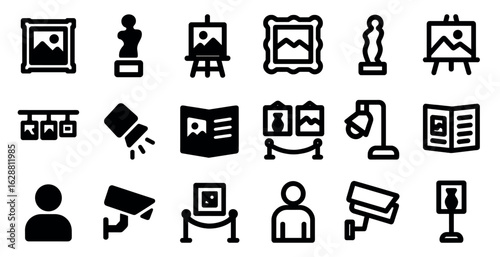Art gallery and museum icons set – solid, filled, exhibit and display symbols