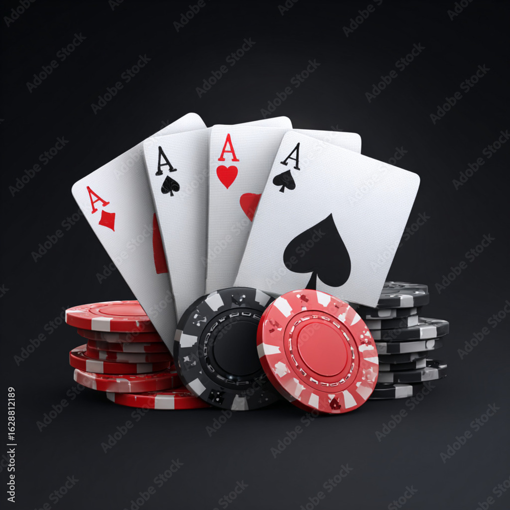 Obraz premium Playing card and casino chips poker game elements in 3D realistic design set. Vector aces hearts and spades, clubs and diamonds. Leisure hobby entertainment gambling game objects, red and black