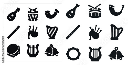 Medieval music silhouette icons set – classic, musical, ancient instrument symbols