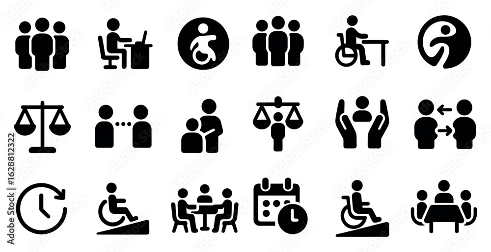 Accessibility and inclusivity icons set – silhouette, solid, disability and support symbols Accessibility and inclusivity icons set – silhouette, solid, disability and support symbols
