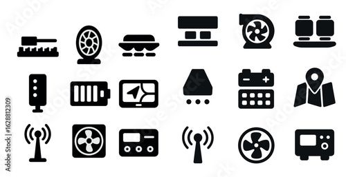 Car accessories solid icons set – filled, automotive, vehicle symbols