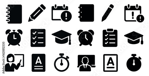 Academic and learning solid icons set – filled, education, study tools symbols