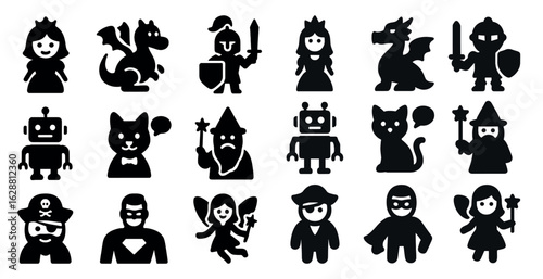 Fantasy characters silhouette icons set – shadow, shadowy, mythical heroes and creatures