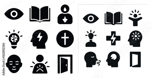 Mind and learning solid icons set – filled, education, brain and thinking symbols