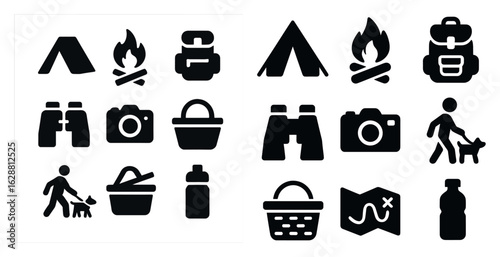 Camping and outdoor silhouette icons set – solid, adventure, nature equipment symbols
