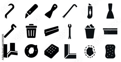 Construction and tools silhouette icons set – solid, filled, repair and maintenance symbols