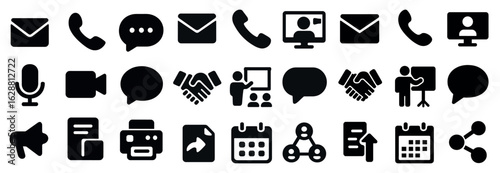 Communication and business solid icons set – filled, flat, digital and office symbols