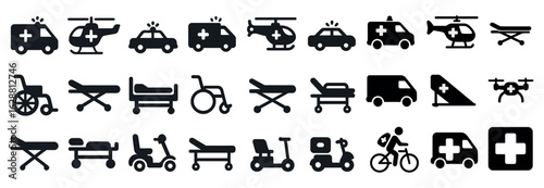 Medical and emergency silhouette icons set – solid, healthcare, rescue symbols