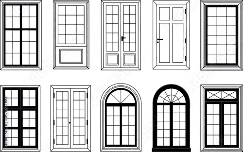 Illustration showcasing ten different window and door designs with varying grid patterns and shapes