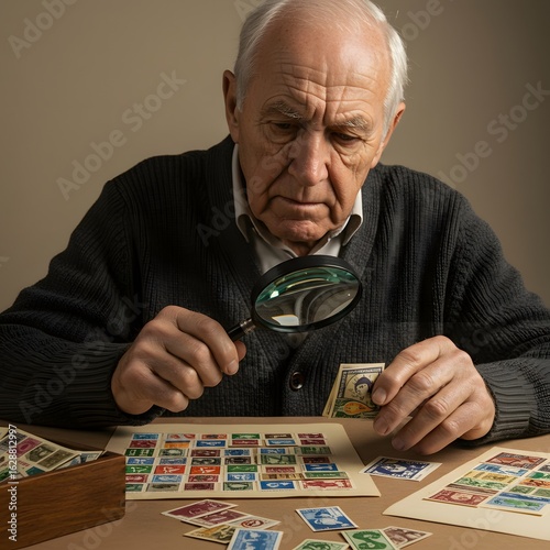 Senior Philatelist Inspecting Stamps with Magnifying Glass