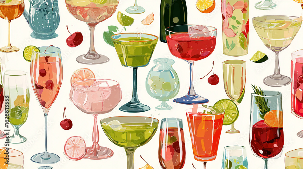 Seamless pattern with glasses and goblets of alcoholic drinks on a white background. Different types of glasses and goblets with cocktails and wines create a cheerful mood. Flat Seamless pattern with glasses and goblets of alcoholic drinks on a white background. Different types of glasses and goblets with cocktails and wines create a cheerful mood. Flat