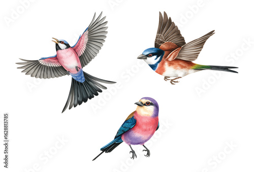 Hand painted Lilac-Breasted Roller birds in vibrant colors with flying and perched poses on white background.