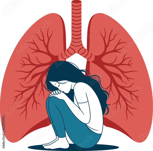 Illustration of a woman hugging her knees with lungs in the background on a white background