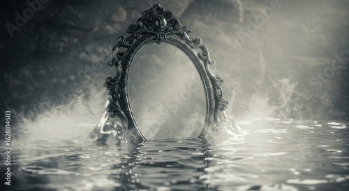 Ornate mirror in misty water