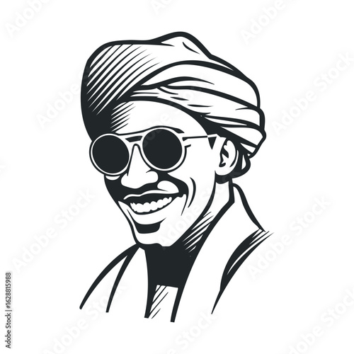 Happy man wearing sunglasses with turban expressing joy and style
